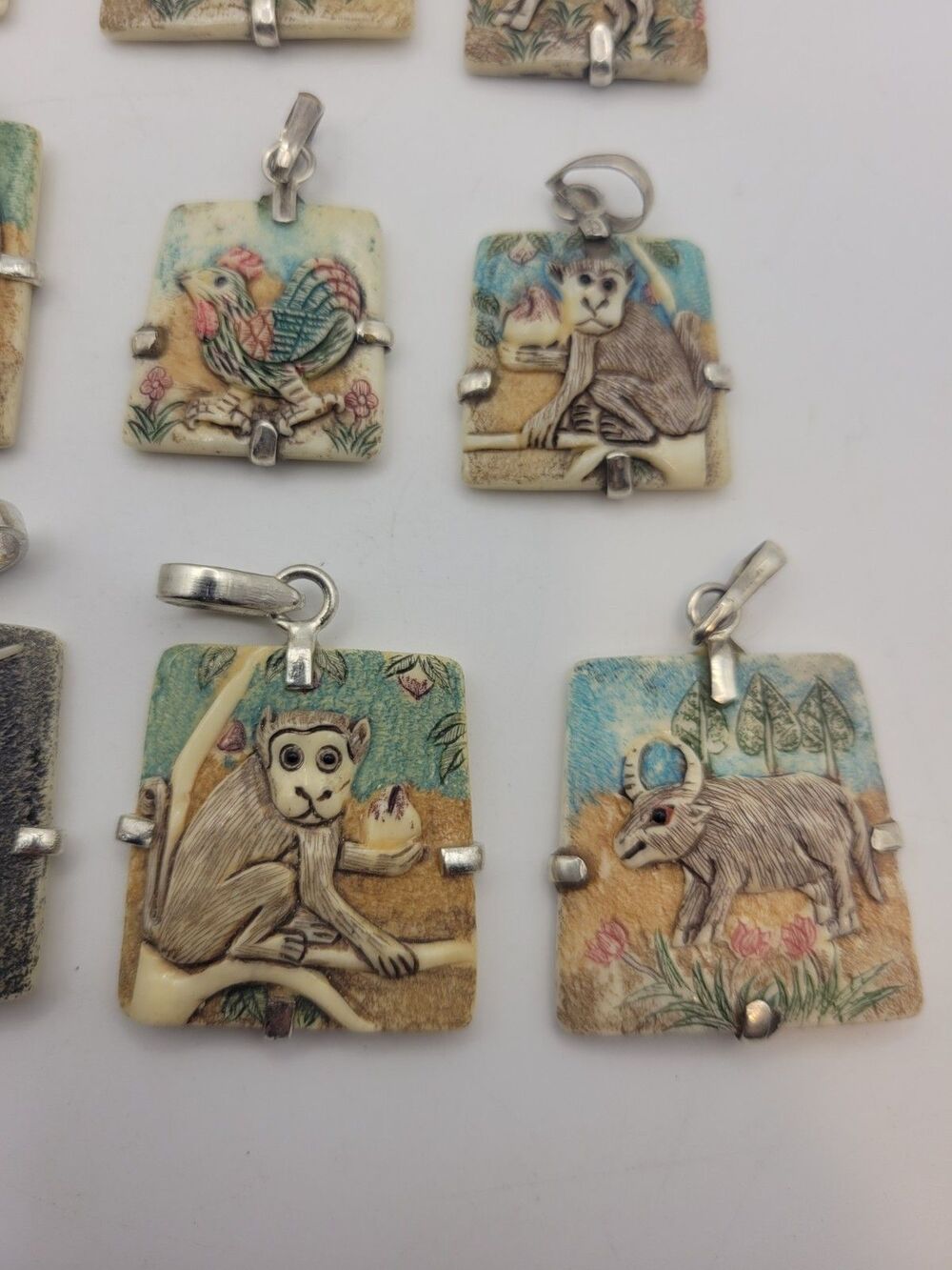 Vintage Hand-Carved Bone Chinese Zodiac Pendant Lot 10pc Sterling Silver READ - Picture 4 of 12